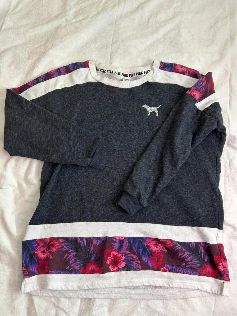 Victoria's Secret Pink Charcoal Floral Varsity Pullover Sequin Logo L